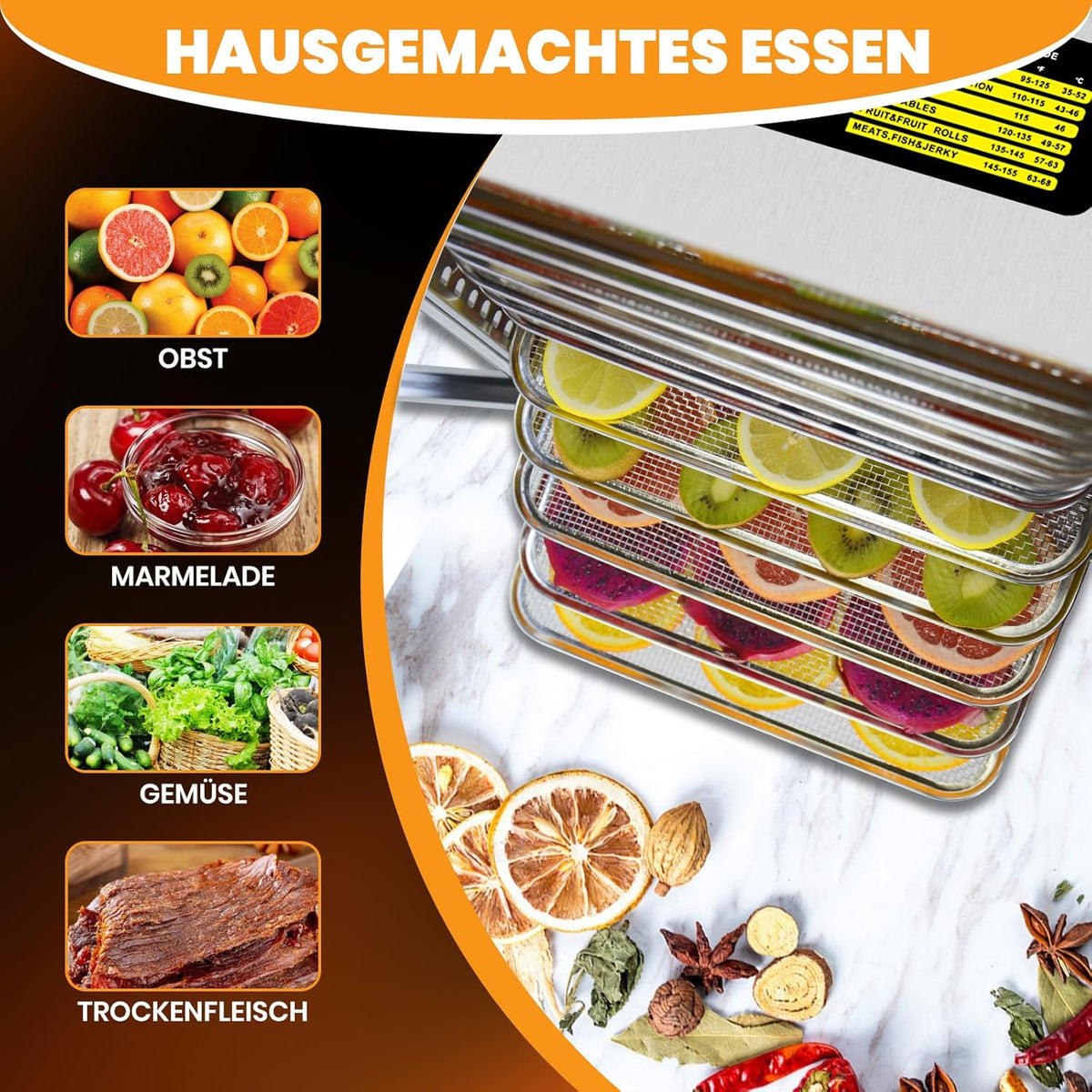 Voedseldehydrator, 12 roestvrijstalen trays, 10,9 ft² vleesdehydrator voor jerky, 800 W droger voor kruiden, temperatuurregeling van 190 °C, timer van 24 uur, krachtige droogcapaciteit voor fruit