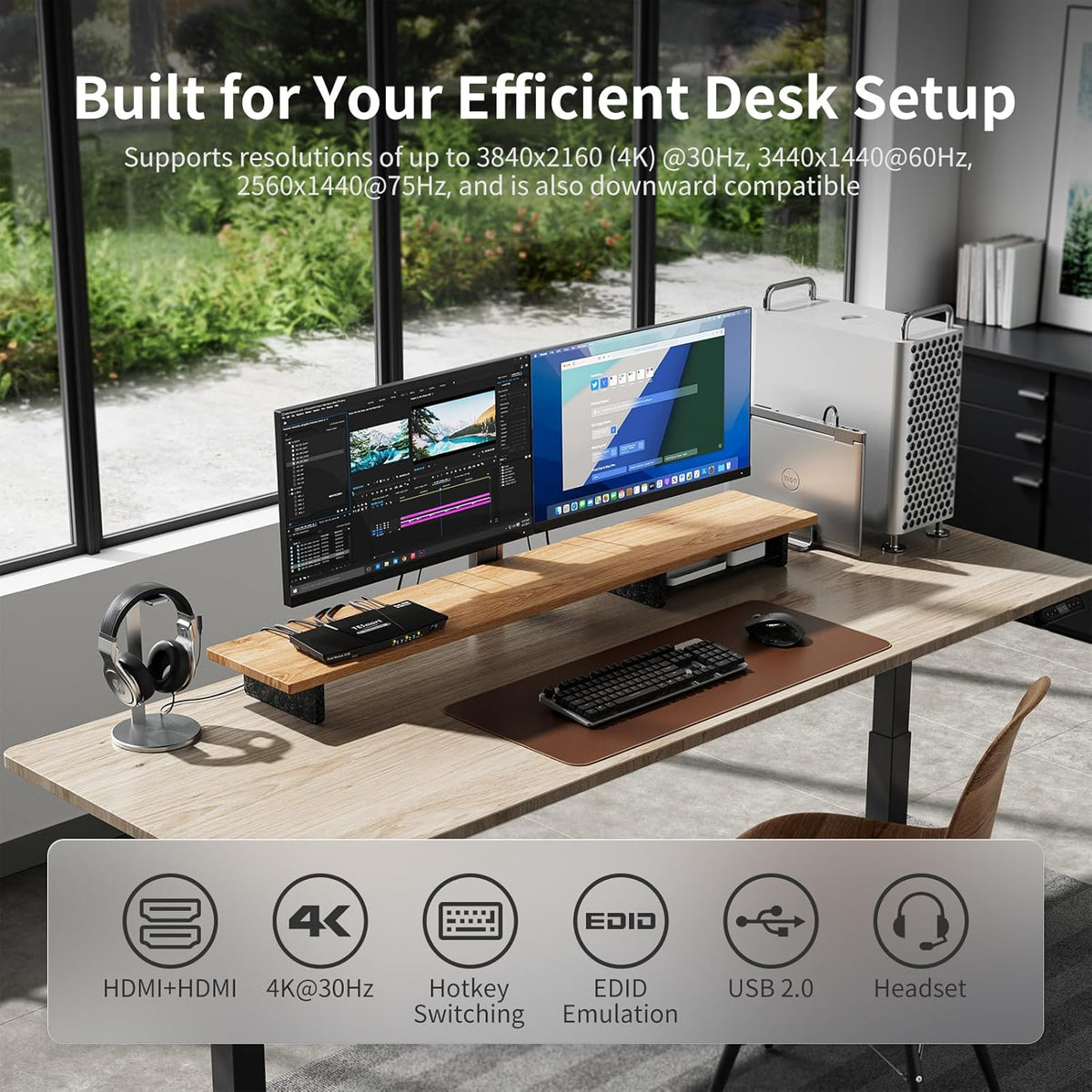TESmart 4K30Hz KVM Switch 2 monitoren, HDMI 2 PC 2 Monitor Switch met kabel x 4, EDID-emulator, audio extractor, USB 2.0 voor toetsenbord muis scanner printer, HDCP 2.2, hotkey, button schakelaar