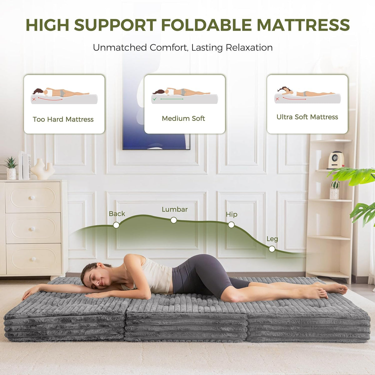 MAXYOYO Opvouwbaar matras 190 * 90 cm, 15 cm gestoffeerd opvouwbaar matras met premium imitatiebont, drievoudig opvouwbare futon slaapbank voor woonkamer/logeerkamer
