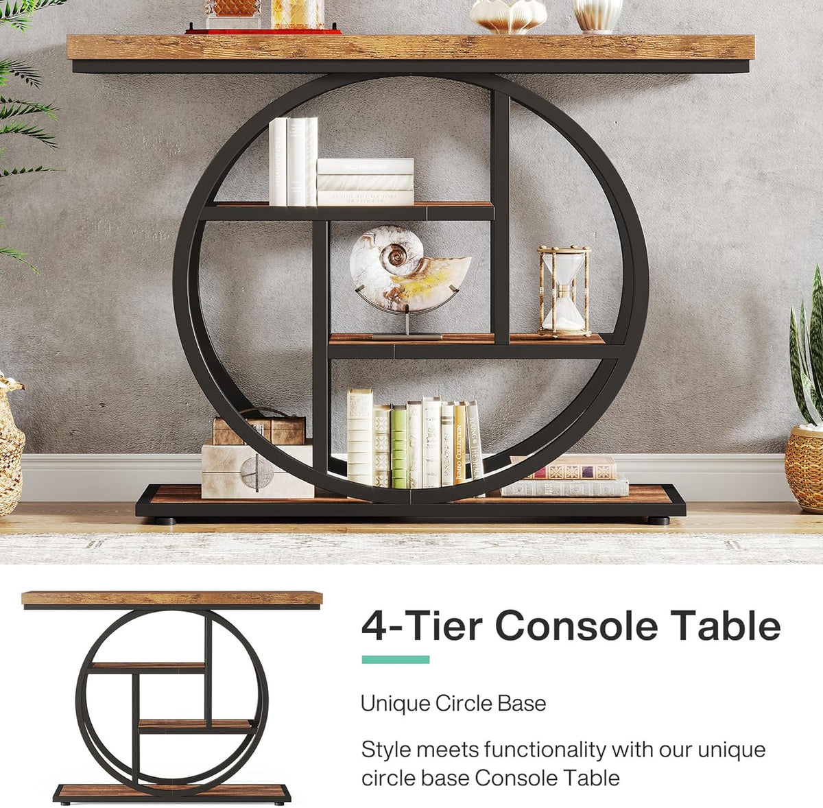 Tribesigns Console Table 105cm with 4 Levels, Narrow Industrial Sofa Table with Round Metal Frame, Wooden Entrance Table with Storage Racks for Living Room (Rustic Brown) - QUORE