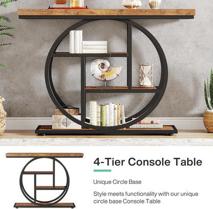 Tribesigns Console Table 105cm with 4 Levels, Narrow Industrial Sofa Table with Round Metal Frame, Wooden Entrance Table with Storage Racks for Living Room (Rustic Brown) - QUORE