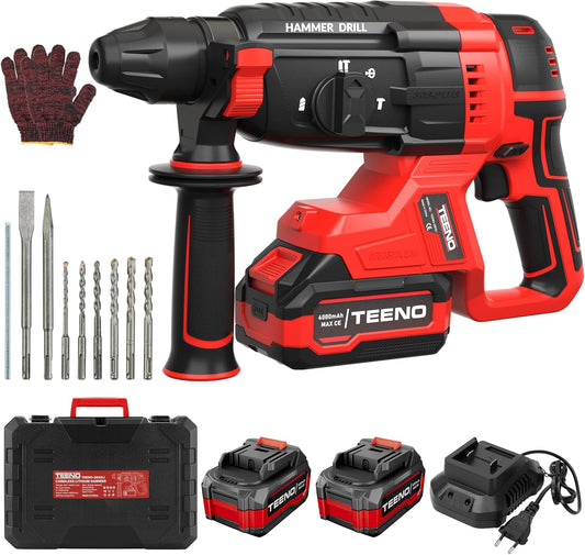 <font dir="auto" style="vertical-align: inherit;"><font dir="auto" style="vertical-align: inherit;">        TEENO Akku Bohrhammer 20V Bürstenloser Motor, 2.6J, 1500RPM & 4850BPM, SDS-Plus, 2×4.0Ah Akku & Schnelladegerät, 3 Funktionen, Anti-Vibration, LED,