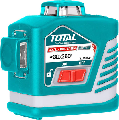 TOTAL - 3D Laserwaterpas - 360° bereik - Met groene laserpointer - Bereik tot 30 m - Inclusief veiligheidsbril, houder en robuuste koffer