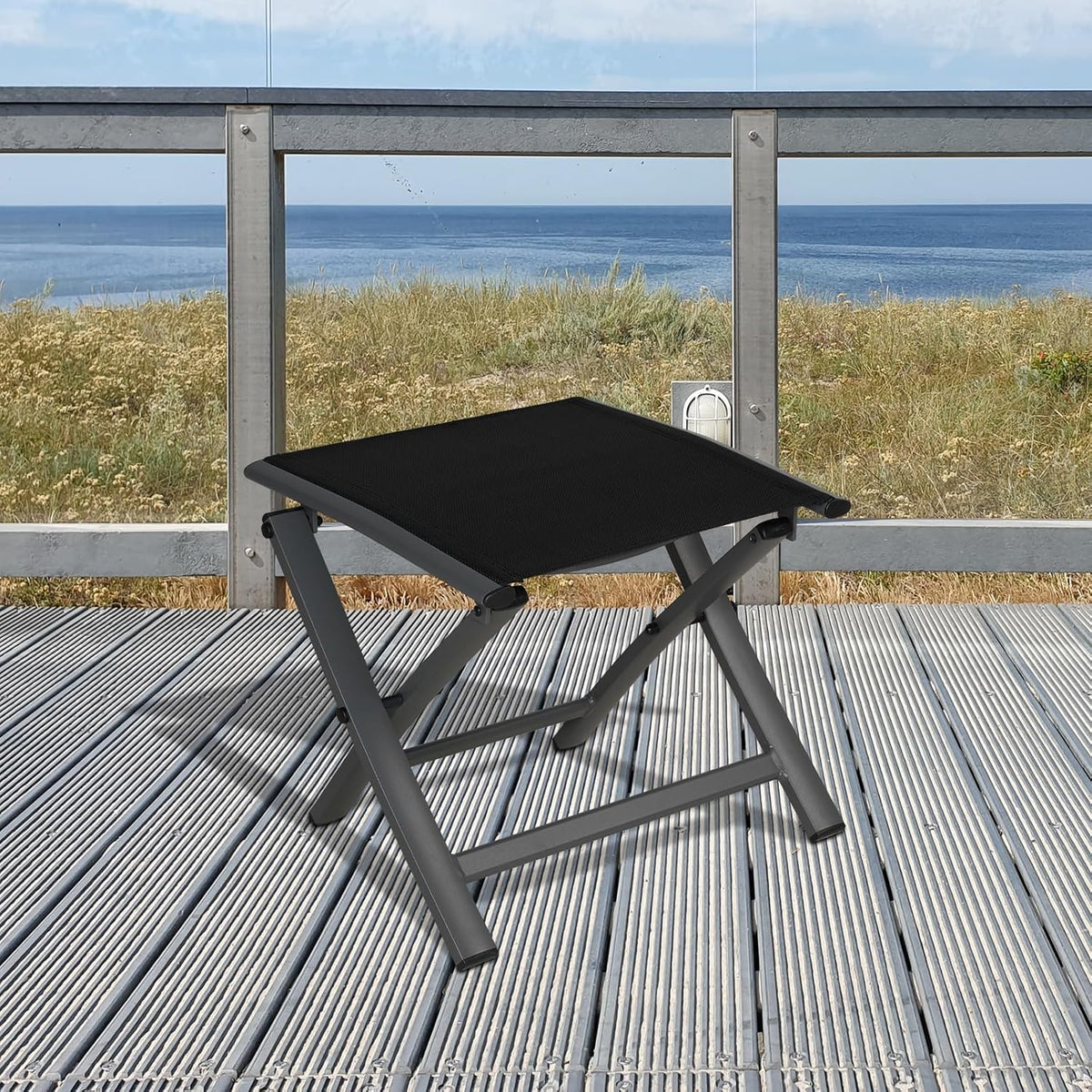 Grand patio Tuin opvouwbare voetenbank, Ottomaans aluminium, lichtgewicht, mesh sling Farbic draagbare kruk voor tuin, buiten (zwart)