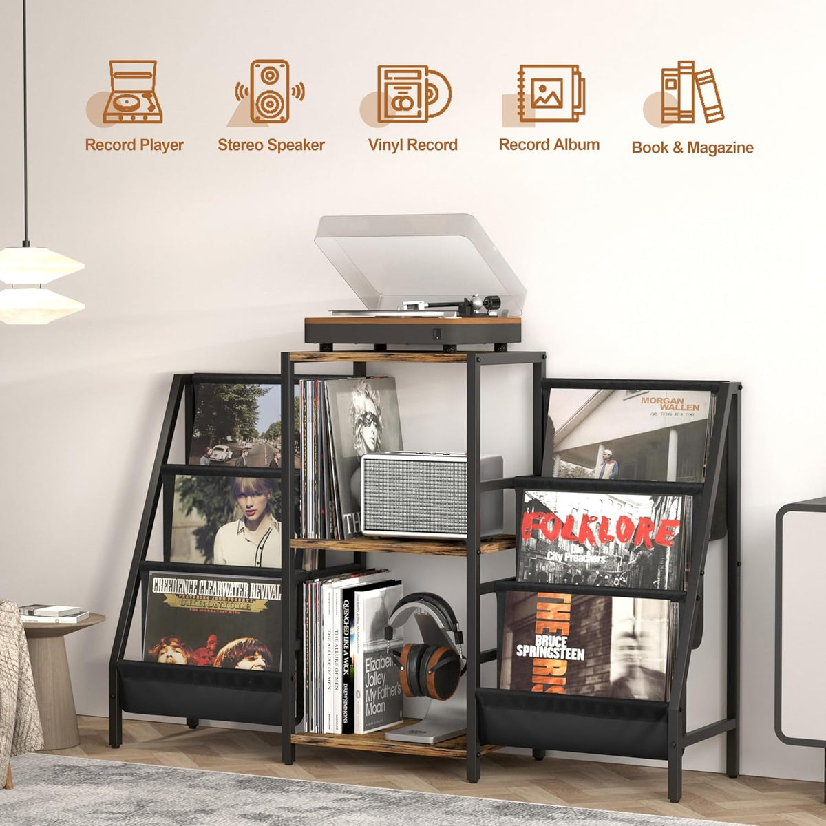 Bikoney Platenkast met Opbergruimte voor Platenspeler – Tafelkast voor Draaitafel met Display, Geschikt voor 280 LP's, Media Console met CD Rek voor Vinyl, Stereo & Draaitafel