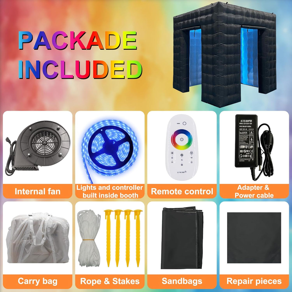 SAYOK Opblaasbare fotostandbehuizing met ledlicht en luchtventilator, 2,5 m, draagbare fotostandaard, fotostand-landtent voor feest, bruiloft-evenement (twee deuren, zwart)