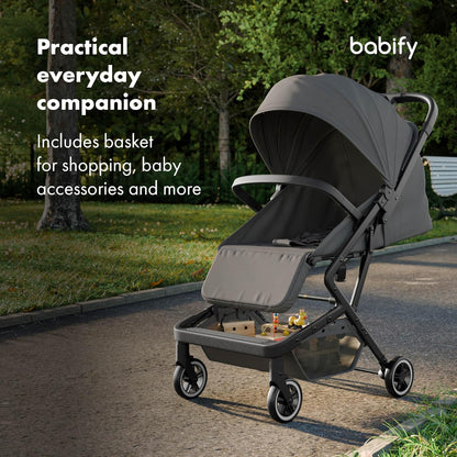 Babify Urban Ease Kinderwagen - Geboorte tot 4 jaar (22 kg), Met één hand in te klappen, Verstelbare rugleuning en voetensteun, Uitneembare bekleding, Mand, Raamzitting, Compact, Grijs