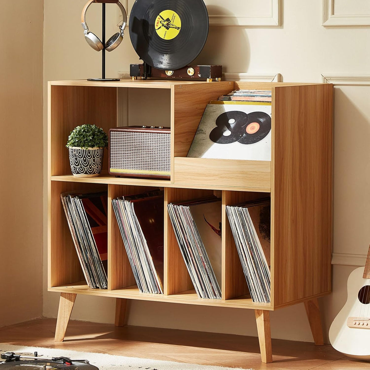 Draaitafelstandaard Houten – Platenspelerstandaard – Vinyl Opbergkast – Platenkast – Muziekmeubel – Voor Meer Dan 300 Vinylplaten – 4 Brede Vakken