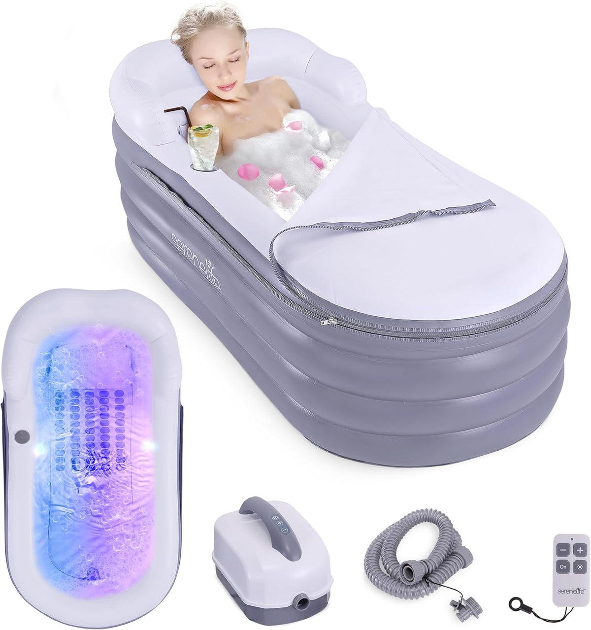 Opblaasbaar Ligbad – Opblaasbare Badkuip, Draagbare Badkuip, Opvouwbare Badkuip, Opblaasbaar Bad – Bubble Massage Mat, Kleurveranderende LED-Verlichting – 168 X 76 X 66 Cm, Tot 86 Kg