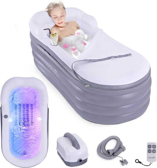 Opblaasbaar Ligbad – Opblaasbare Badkuip, Draagbare Badkuip, Opvouwbare Badkuip, Opblaasbaar Bad – Bubble Massage Mat, Kleurveranderende LED-Verlichting – 168 X 76 X 66 Cm, Tot 86 Kg