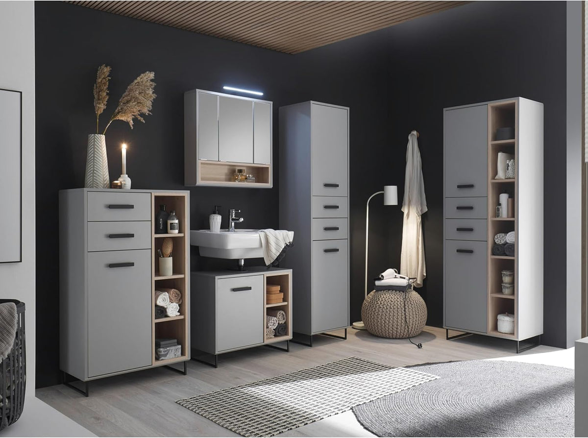 Stella Trading Tunis badkamercommode in grijs/eiken sonoma-look, badkamerkast met veel opbergruimte, houtmateriaal