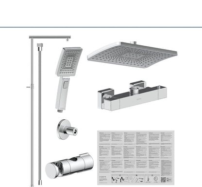 Douchesysteem – Doucheset – Douchezuil – Douchepaneel – Regendouche – Thermostaatkraan – Grote Regendouche 32x20 cm – Verstelbare Handdouche – Waterbesparend – Chroom