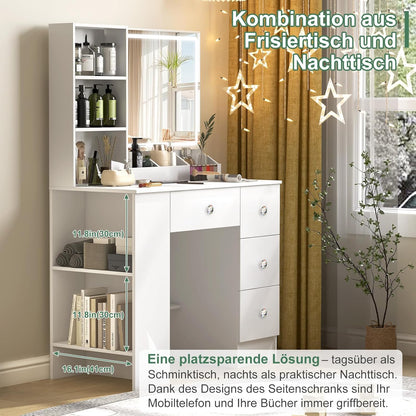 3-in-1 Kaptafel: Make-up, Bureau & Nachtkastje | Moderne Witte Kaptafel met Slimme LED Spiegel & 4 Lades