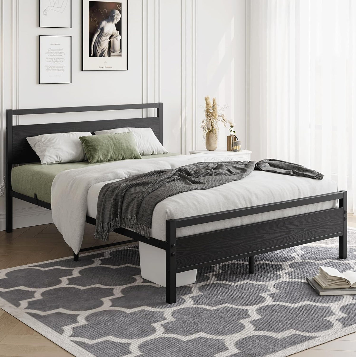 HOJINLINERO 4ft6 dubbele bedframes met houten hoofdeinde, metalen platform bedframe, dubbele bedbodem, geen boxspring nodig, matrasstichting, industriële verbeterde stalen latten ondersteuning voor