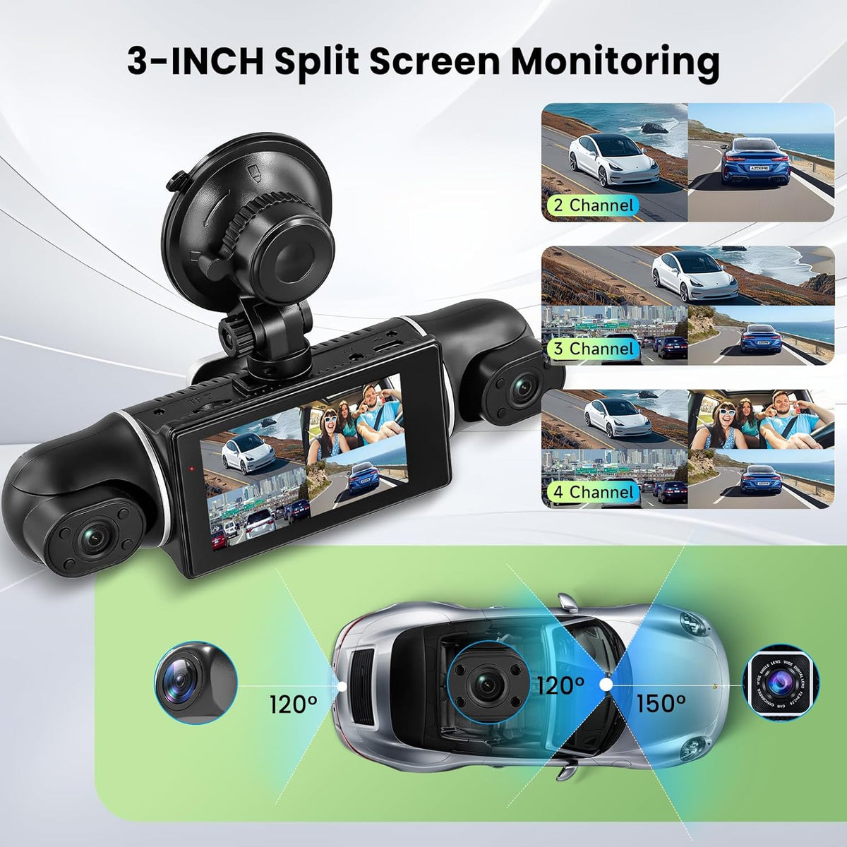 Hodozzy 2K WiFi 4-kanaals dashcam auto met app-bediening, dashcam met lusopname, 3 inch dashcam met nachtzicht, G-sensor, spiegelafbeelding, parkeermodus, spiegelfunctie, achteruitrijhulp + TF