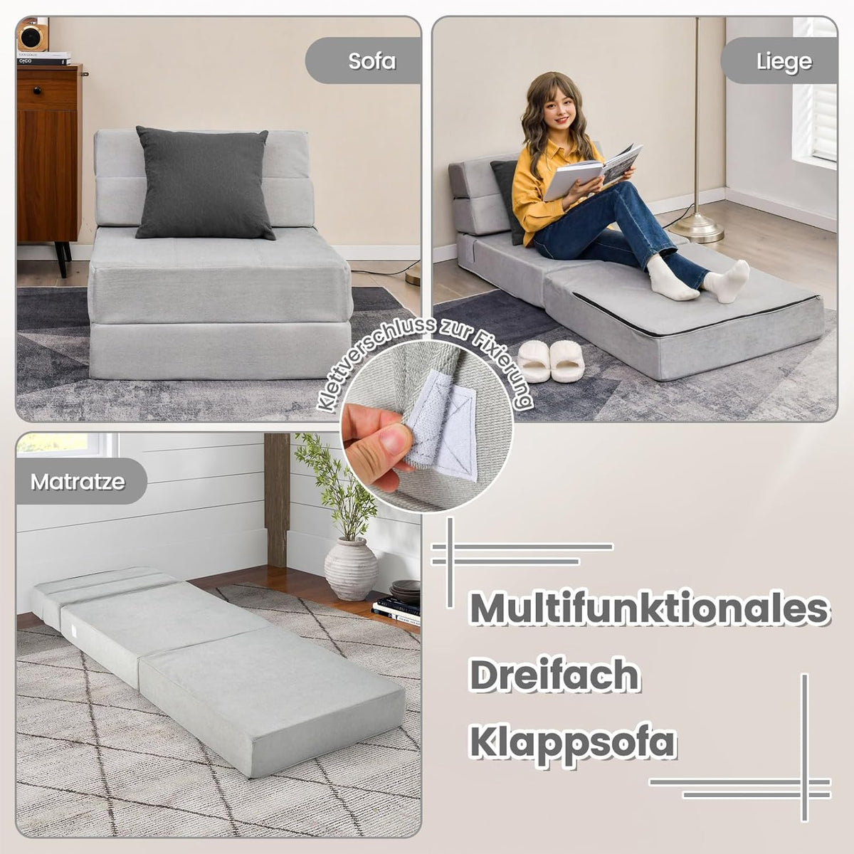 FANTASK 3-in-1 inklapbare slaapbank, klapmatras, schuimrubber, extra dik (15 cm), bankbed, vloermat, vouwmatras, gastenmatras met afneembare en wasbare overtrek, 190 x 71 x 15 cm, grijs