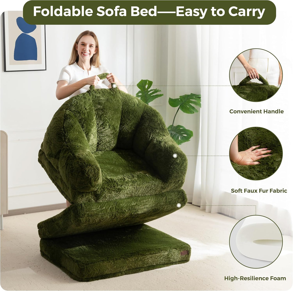 MAXYOYO Folding Sofa Bed, Comfortable Faux Fur Fabric, Convertible Floor Sofa with Handle, Single Bean Bag for Adults, Sleeping Chair for Living Room Bedroom