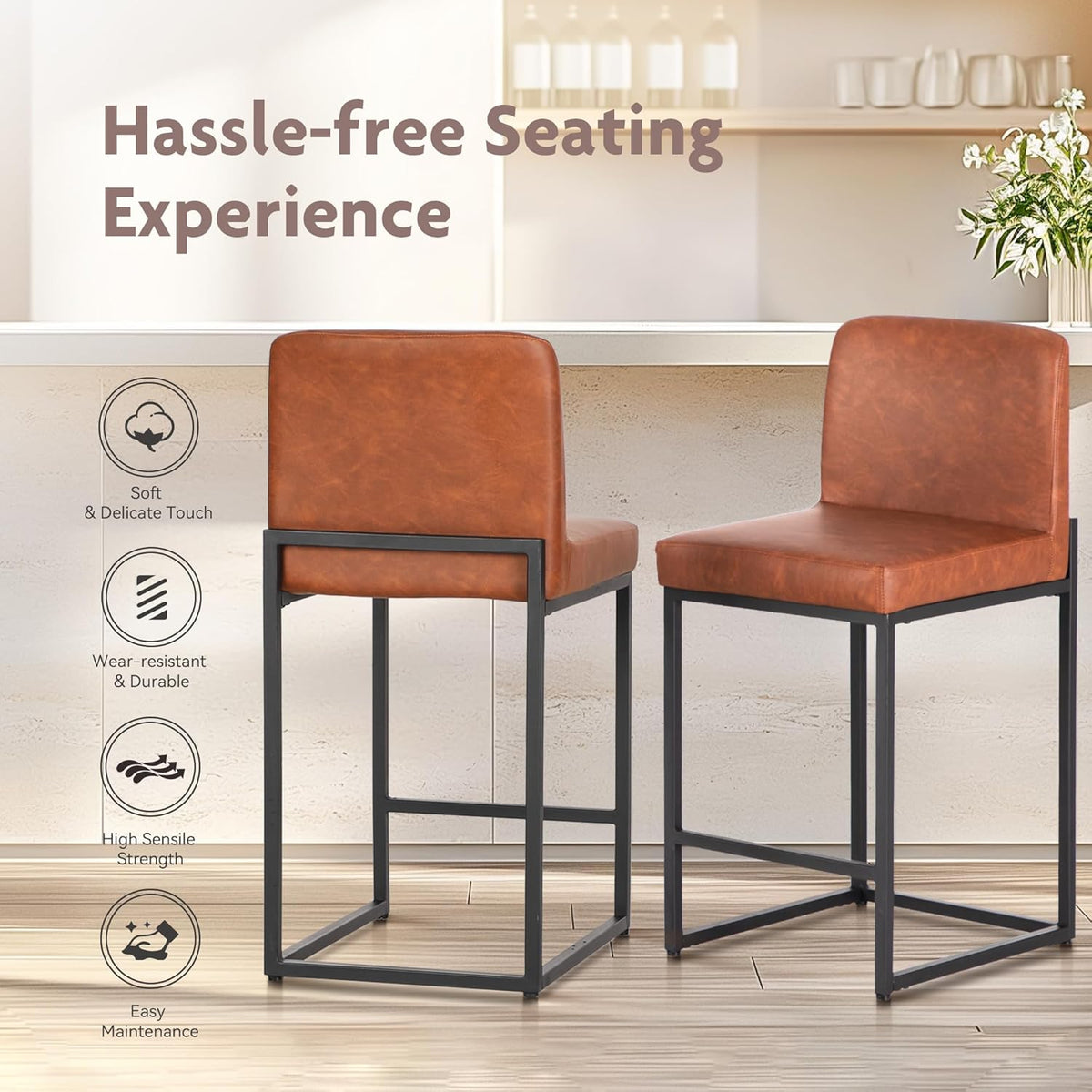 ALPHA HOME Bar Stool Set of 2 Bar Stools with Backrest, PU Leather, Kitchen Stool, Bar Chair, Set of 2 with Footrest, for Countertop, Stable Metal Steel Frame, Brown