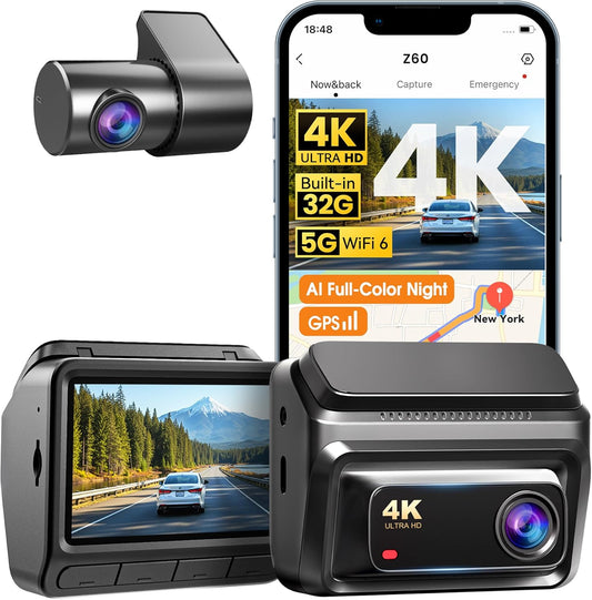 Dashcam Auto Voor en Achter – Autocamera – Auto Camera – Rijcamera – Dubbele Dashcam – 4K Voor + 1080P Achter – Ingebouwde 32GB eMMC & 5GHz WiFi 6