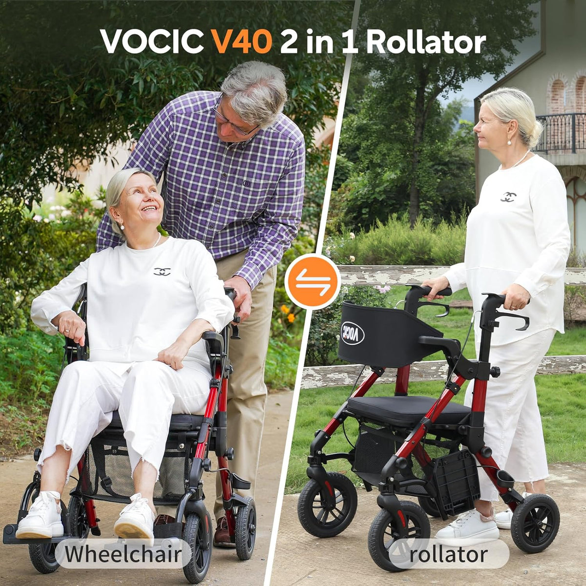 VOCIC 2 in 1 Rolstoel Rollator Opvouwbaar en Licht met Zitting, Outdoor Gumbanden voor Alle Terreinen, Lichtgewicht Rollatoren met Nettas, Aluminium Loophulp Transport-Stoel, Rood (5 Jaar