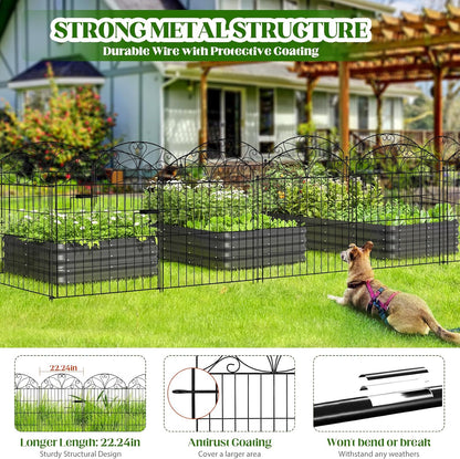 Metalen tuinomheiningspanelen set van 12 met poort, maximale lengte 678 cm, decoratieve roestbestendige tuinomheining, 80 x 56,5 cm panelen met 13 grondpalen voor gazon, bloembedden en huisdieren