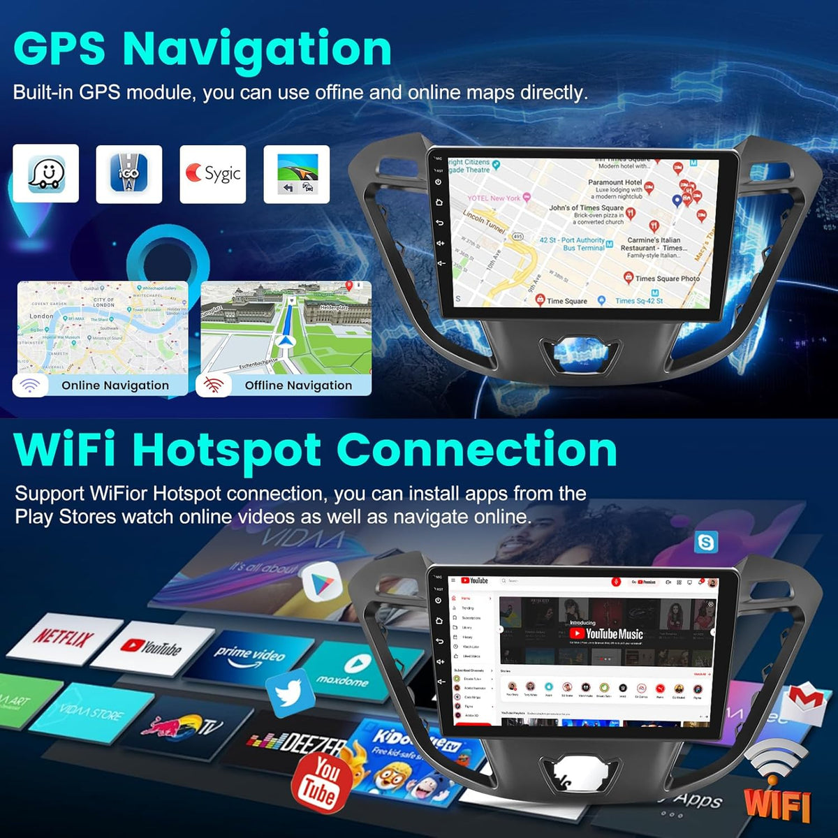 2G+64G Android Car Stereo for Ford Transit Tourneo Custom 2013-2021 with Wireless Carplay & Android Auto, 9 Inch Touch Screen Car Radio with WiFi, GPS Navigation, Bluetooth, FM RDS