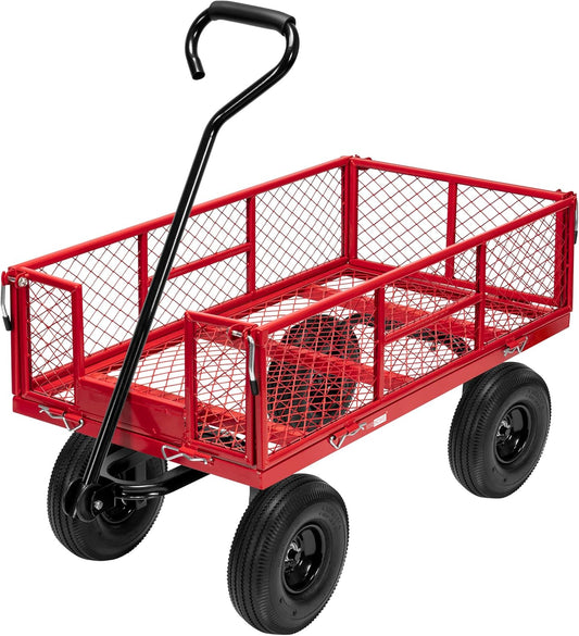 VIVOHOME Heavy Duty 400kg Capaciteit Mesh Stalen Tuinwagen Vouwwagen met Verwijderbare Zijden Wielen (Rood)