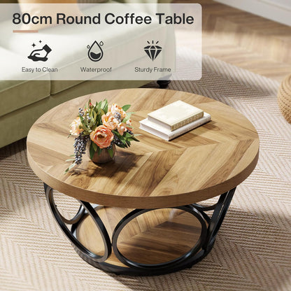 Tribesigns Round Coffee Table 80cm, Large Round Wooden Coffee Table with 2 Levels, Farm Style Living Room Table with Storage Space, Modern Industrial Tea Table in Brown Wood Grain