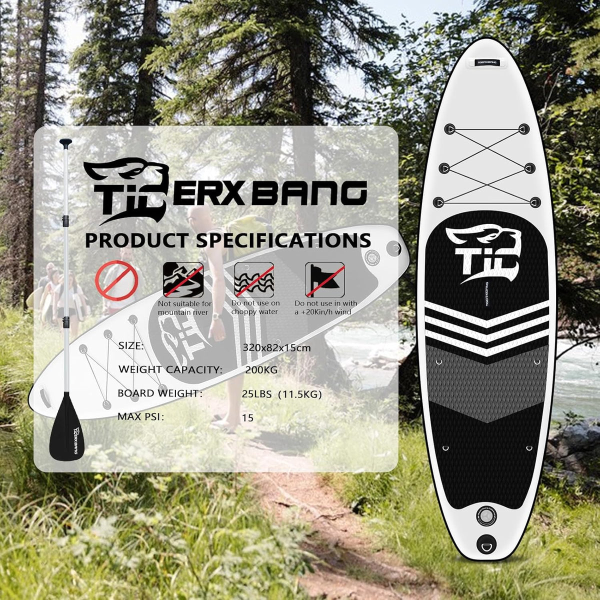 Black Tiger Collectie Opblaasbare stand-up paddleboard, SUP-board met kajakzitstuk, dubbelbladige peddel | 320x82x15cm | voor volwassenen/kinderen | ISUP paddleboarding complete set