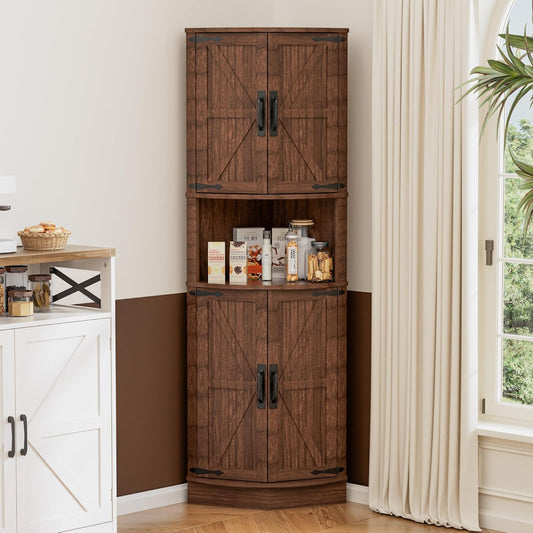 Keukenkast, hoog model, hoekkast, smal badkamerkastje, hoekrek met 4 deuren en 5 legplanken, 165 cm opbergkast van hout, hoge kast voor keuken, woonkamer, eetkamer, bruin