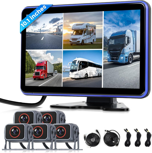 Rimoody Achteruitrijcamera set met 5 camera's met 10,1 inch IPS-display en 5 m + 15 m kabels, IP68 waterdicht, nachtzicht, beeldflip, BSD, loopvideo, DVR