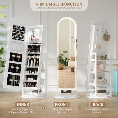 Multifunctionele Staande Sieradenkast – Juwelenkast – Opbergkast – Spiegelkast – Armoire – 360° Draaibaar – Verstelbare LED Verlichting – Afsluitbaar Met Sleutels – MDF En Veilig Glas – 165x56 cm – LED-Wit