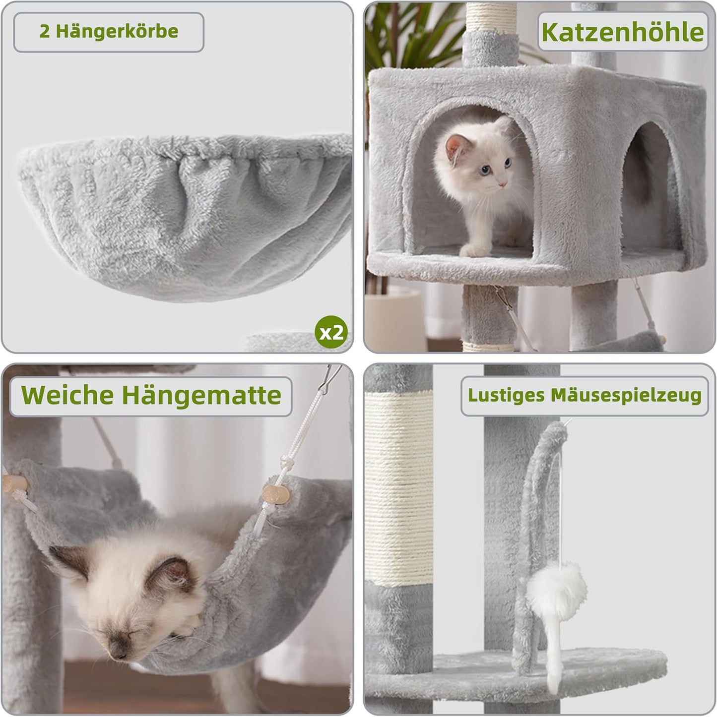 Krabpaal groot, kattenboom grote katten stabiel voor binnen, 200 cm kattenkrabpaal met ruime platforms, kattenholen, hangmat, sisalzuilen, lichtgrijs GCT031W