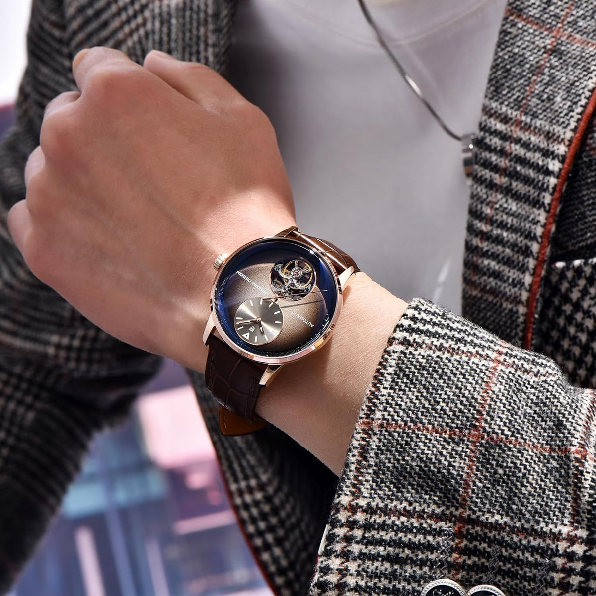 Pagani Design Herenhorloges, automatisch, waterdicht, analoog, individueel design, skelet, kleine lunette met PU-lederen band, elegante cadeaus voor mannen (lichtbruin), bruin