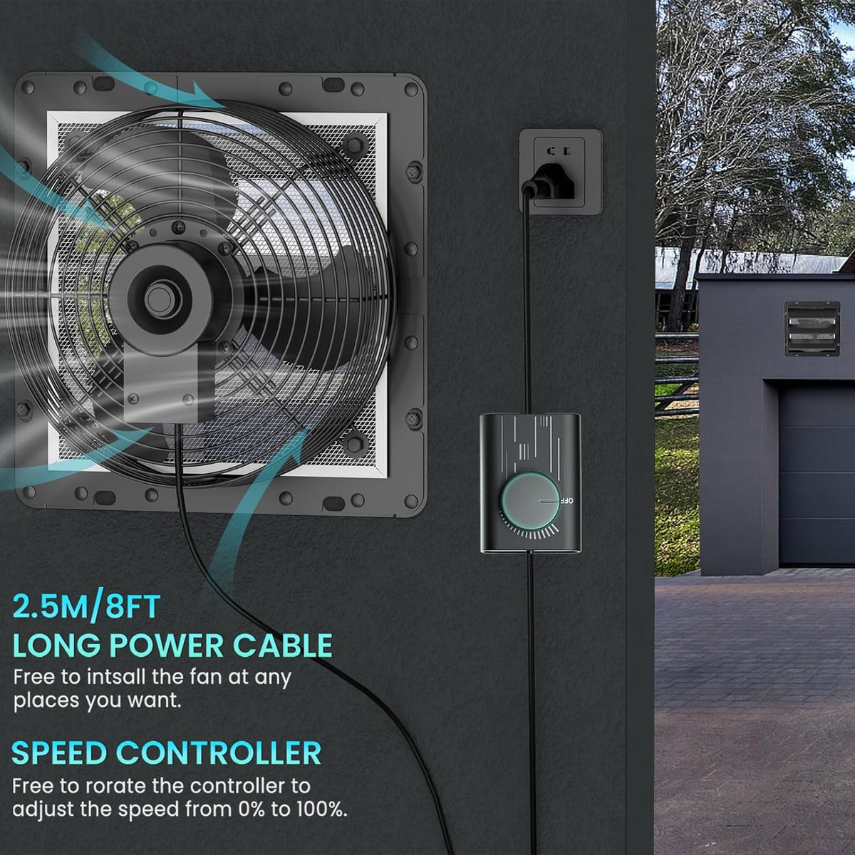 HG Power Afvoerluchtventilator met toerentalregelaar, industriële wandventilator, 1500 m³/uur, regelbaar, met gaaszeef, aluminium raamventilator met EU-stekker voor kelder, garage, keuken, lamellen
