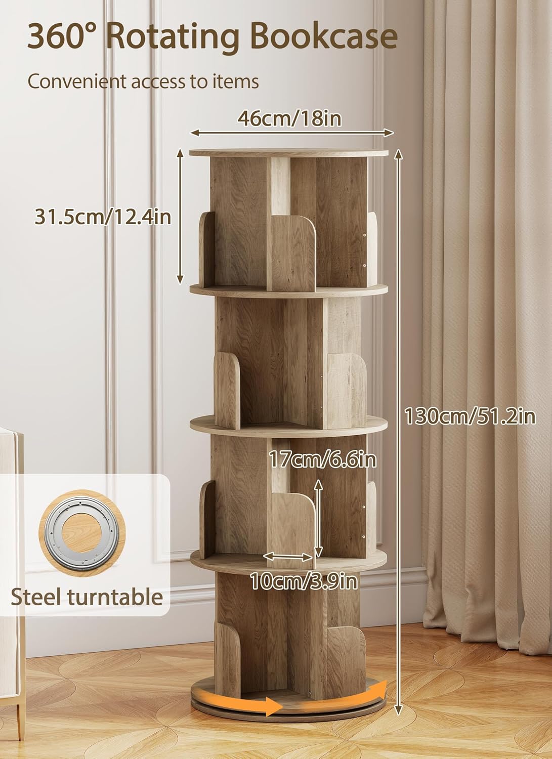 Rotating Bookshelf 360° Rotatable Bookcase for Kids Room Freestanding Rotating Bookcase Multifunctional Display Organizer for Home Study Bedroom (4 Tier | Oak | - QUORE