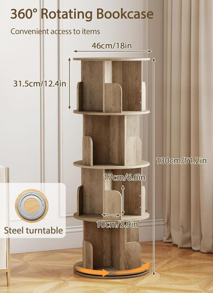 Rotating Bookshelf 360° Rotatable Bookcase for Kids Room Freestanding Rotating Bookcase Multifunctional Display Organizer for Home Study Bedroom (4 Tier | Oak | - QUORE