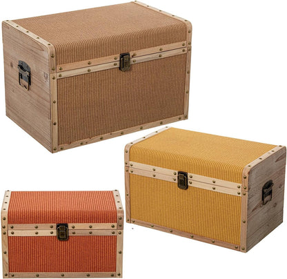 DRW Set van 3 kisten van hout en kunstleer in naturel, geel en oranje, 30 x 30 x 46 cm