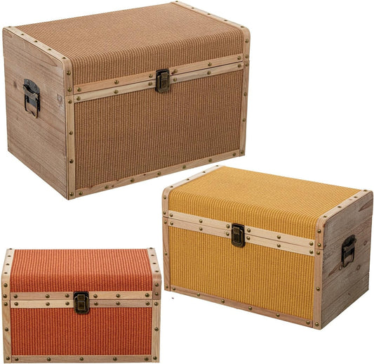 DRW Set van 3 kisten van hout en kunstleer in naturel, geel en oranje, 30 x 30 x 46 cm