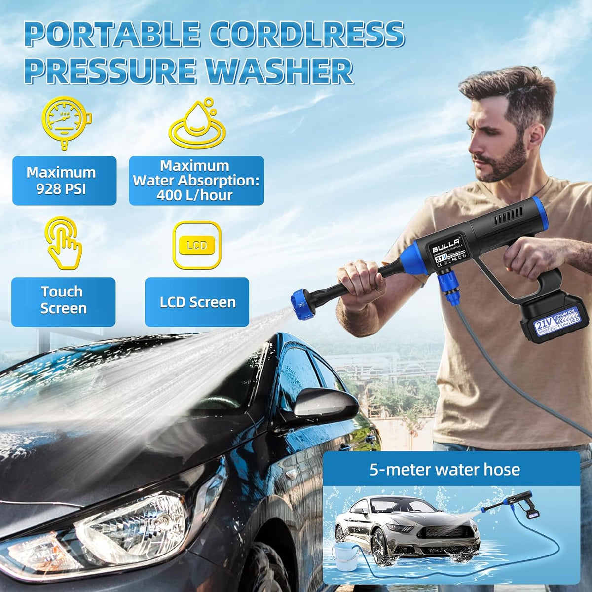 Draadloze Hogedrukreiniger – Hogedrukpistool Accu – Hogedrukspuit Zonder Snoer – Accu Hogedrukreiniger – Mobiele Hogedrukreiniger – 6-in-1 Multifunctioneel Mondstuk – 2 × 4000 mAh Batterijen – 30 Instelbare Drukniveaus Met Touchscreen