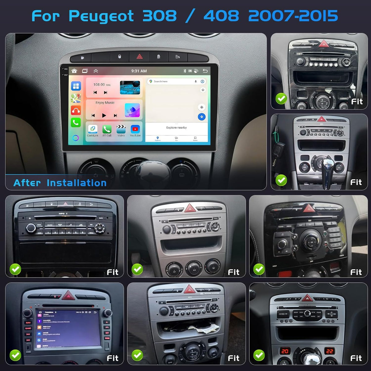 4+128G autoradio voor Peugeot 308/408 2007-2015 Android 15 met 9'' In-Cell-scherm ondersteuning Wireless Carplay en Android Auto Mirror Link Radio FM/RDS GPS WIFI BT SWC