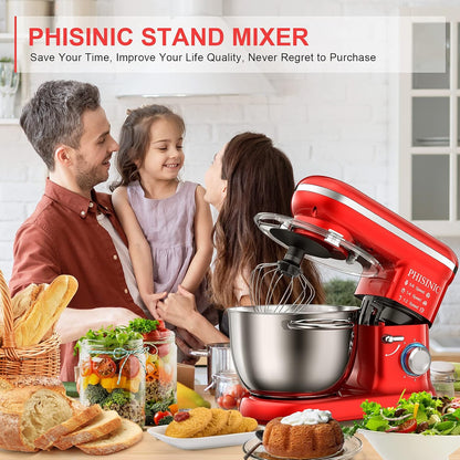 PHISINIC Keukenmachine kneedmachine 1500W deegmachine roermachine met 5,5 L roestvrijstalen kom 6 snelheden geluidsarme deegkneedmachine incl. 3-delige patisserieset en spatbescherming, rood