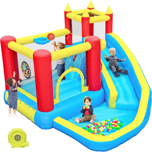 springkasteel voor kinderen met glijbaan en klimwand, opblaasbaar springkasteel met ingebouwde ventilator, binnen en buiten springmat voor kinderen Bouncy Castle 3-10 jaar 274 x 310 x 218
