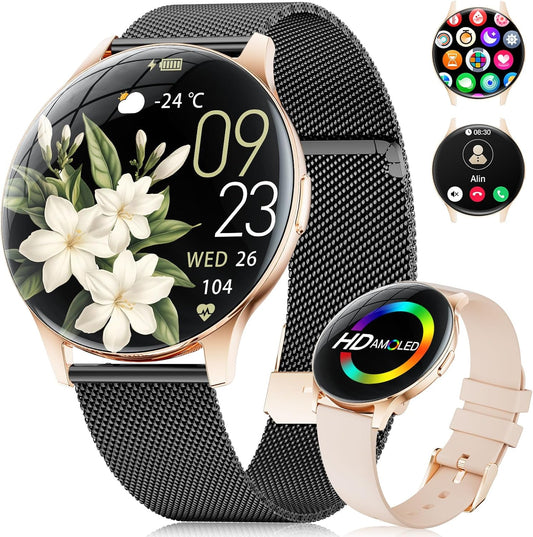 DREMAC Smartwatch voor dames met bluetooth-oproep/1,43 inch Amoled smartwatch met 120 sportmodi, 24/7 hartslagmonitor, stappenteller/SpO2/slaap, compatibel met Android iOS