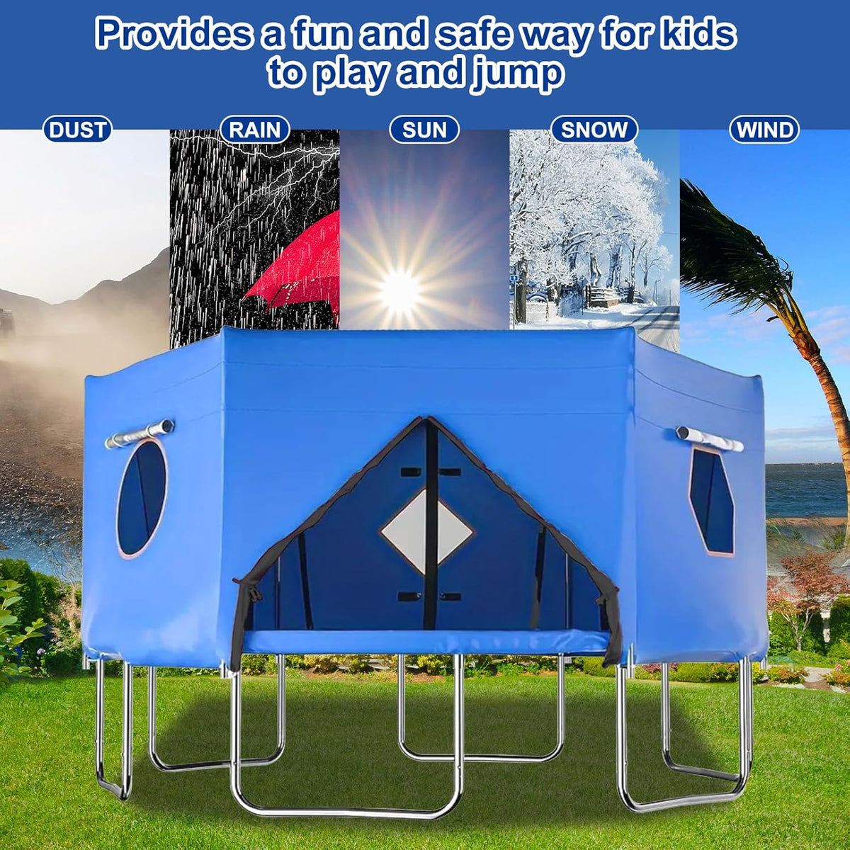 Trampoline Tent 427 cm Overkapping Afdekking, Trampoline Dak Accessoire voor Rechte Stangen met 6 Stangen, Bescherming tegen Zon en Wind, Geschikt voor Outdoor Gebruik (Blauw)