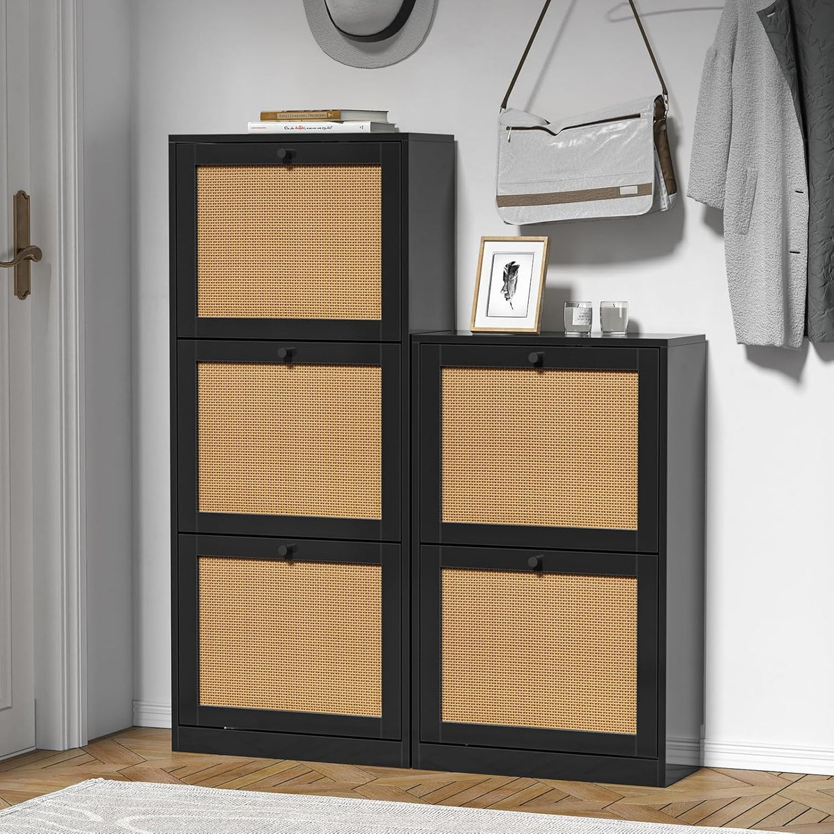 Schoenenkast – Schoenenrek – Schoenopbergkast – Schoenendisplay – Smalle Schoenenkast – Natuurlijk Rattan – Verstelbare Planken – Compact 51x23x84 cm – Wit