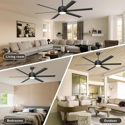 Ohniyou Plafondventilator met licht, industriële plafondventilator, 152,4 cm, met afstandsbediening en app, dimbaar, gelijkstroommotor, grote plafondventilator voor terras, woonkamer, zwart