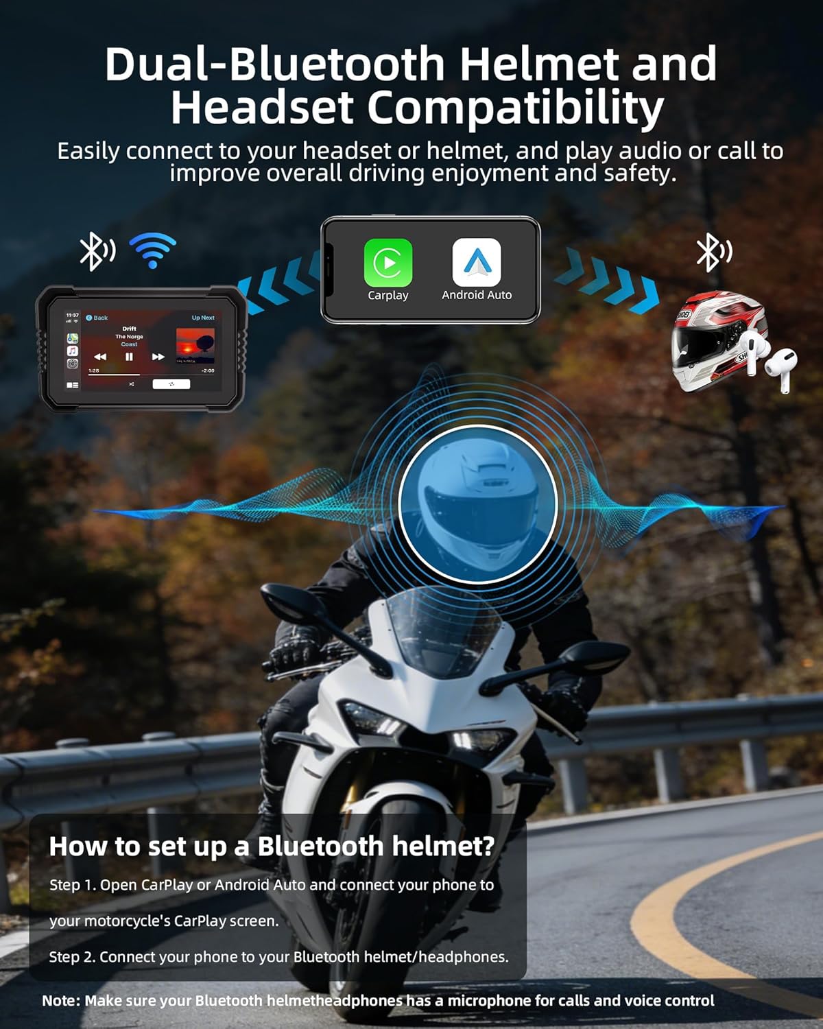 4K Dashcam Motorfiets CarPlay Android Auto 6.25 Inch Motorfiets Navigatie apparaten IP67 Waterdichte GPS-navigatie-apparaten voor motorfietsen, Dual Bluetooth, Siri/Google Assistant 64GB winkelwagen