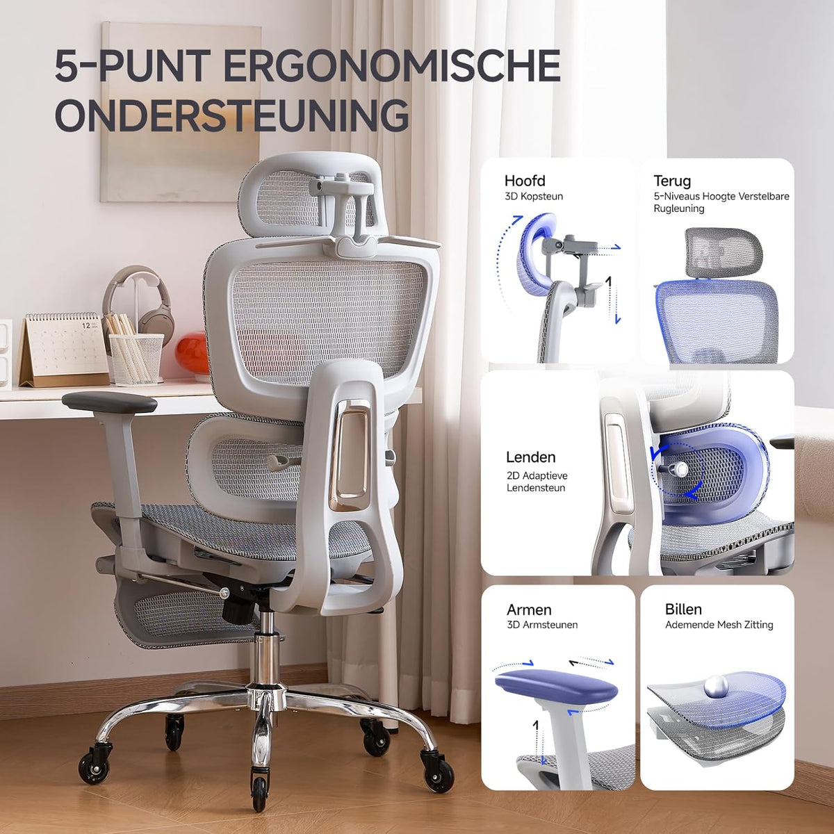 Ergonomische Bureaustoel met Voetensteun & Nekkussen - 5 Standen Verstelbare Rugleuning, 2D Lendensteun, 3D Armleuningen, 145° Kantelfunctie, Mesh Zitting voor Kantoor/Thuiswerk, Grijs