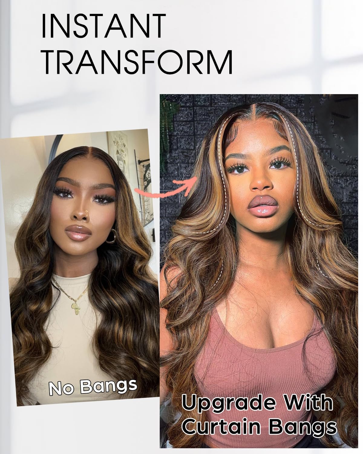 Gelaagde Curtain Bangs Pruik van Echt Haar 1B/30 Zwart-Bruin – Lijmloze Pruik – Lace Front Pruik – Menselijk Haar Pruik – Body Wave Pruik – 6x6 HD Lace – 200% Dichtheid